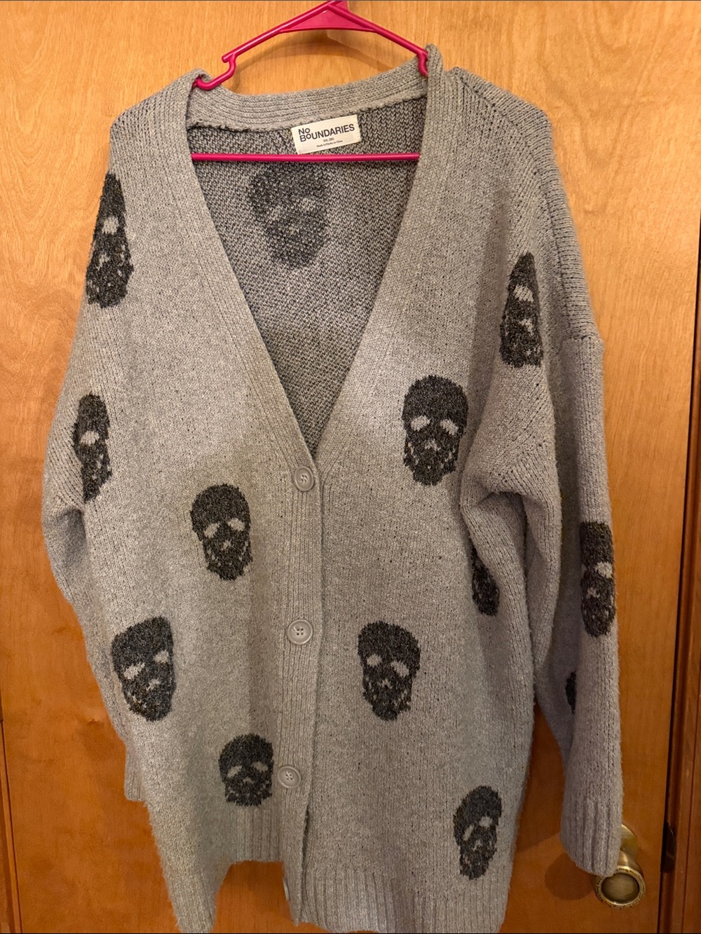 No Boundaries Gray Skull-Print Button-Front Cardigan